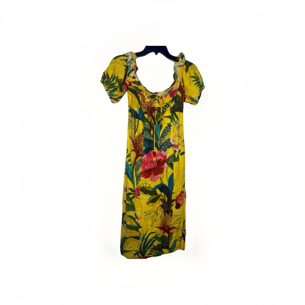 Farm Rio Yellow Linen Blend Floral Golden Jungle Midi Dress Sz S